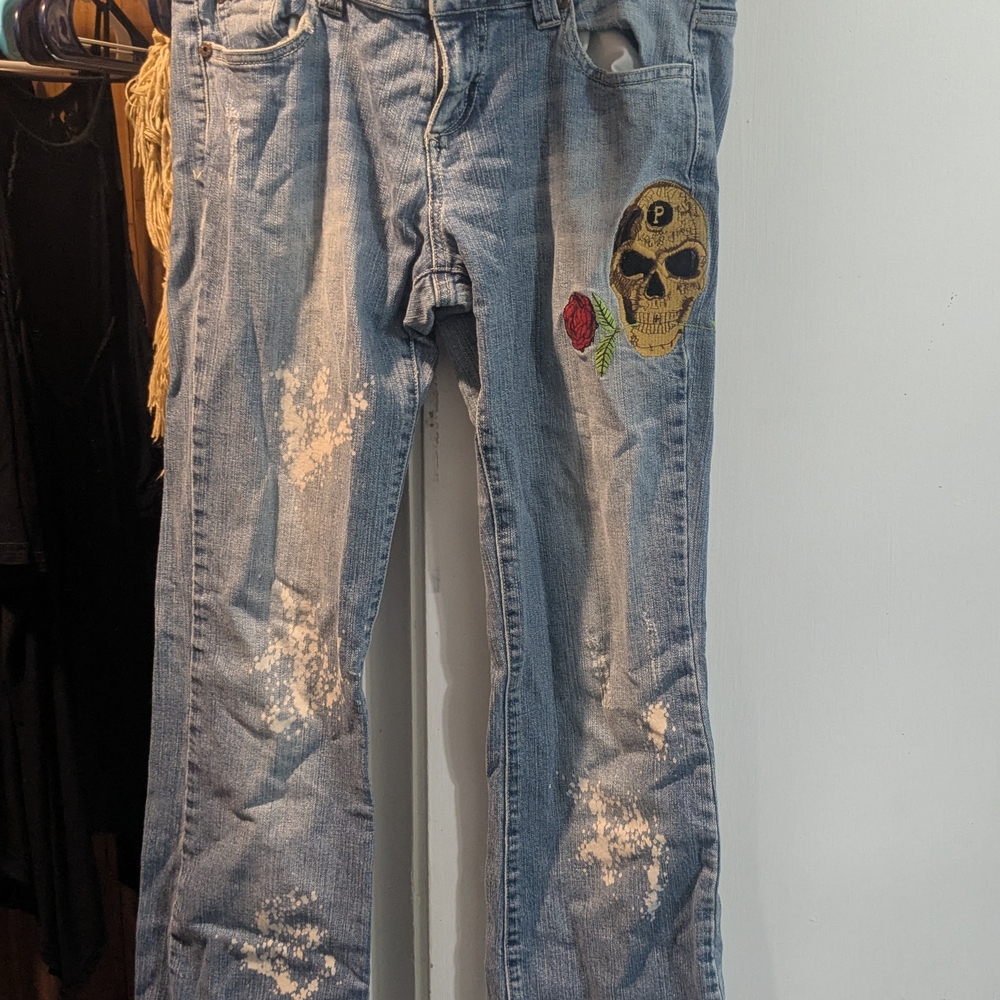Celebrity Pink Blue Straight Leg Jeans with Distressed Details